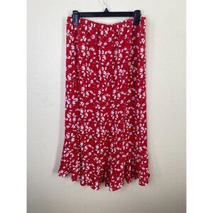 Max Studio Womens Red Floral Midi Skirt M Flowing Polyester Lightweight Pull On